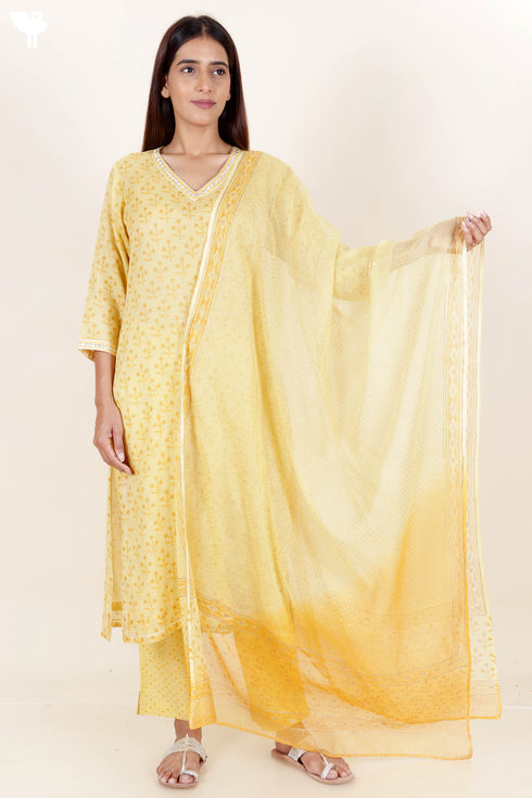 Kota Doria Kurta- Dupatta And Pant Set